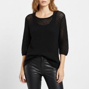 Lauren Ralph Lauren‎ Black Open Knit Sweater 3/4 Sleeve 100% Cotton SzL Classic